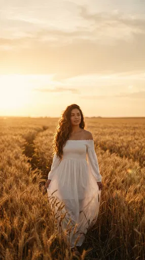 Woman in White Dress in Wheat Field