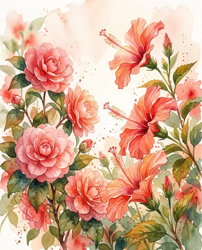 Watercolor Camellia and Hibiscus Floral Illustration