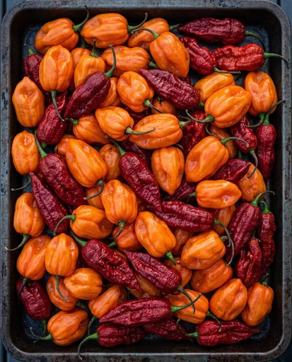 Overhead Tray of Habanero and Ghost Peppers