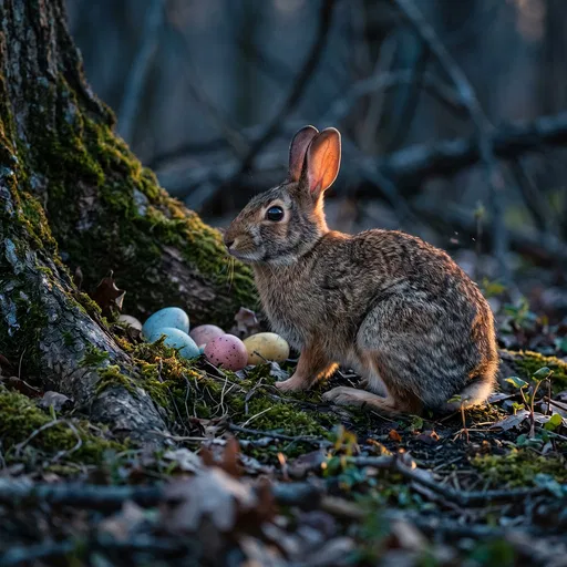 Wild Rabbit Beside Easter Eggs in Forest