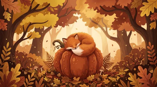Sleeping Fox on Autumn Pumpkin Illustration
