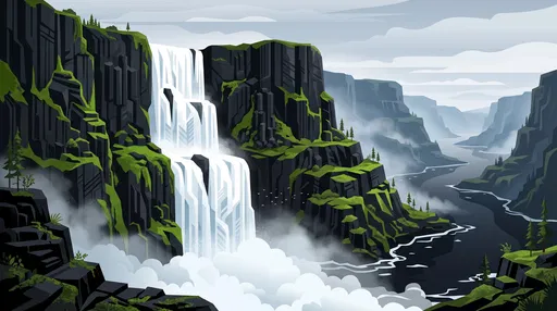 Geometric Waterfall and Nordic Fjord Illustration