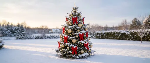Decorated Christmas Tree in Snowy Yard