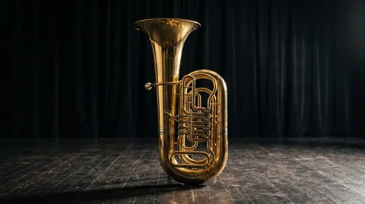 Gold Tuba on Dark Wooden Stage