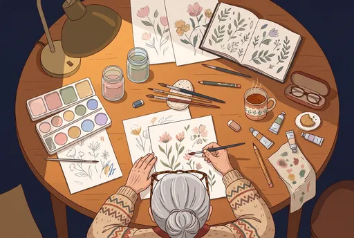 Overhead Illustration of Grandmother Painting Flowers