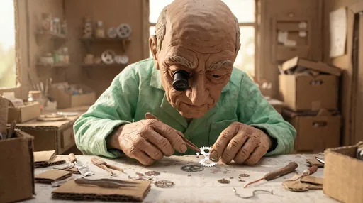 Claymation Watchmaker Examining Foil Gears