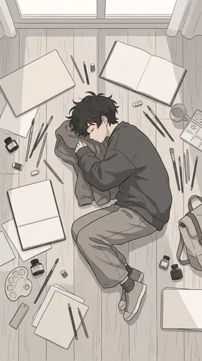 Anime Art Student Napping Among Art Supplies