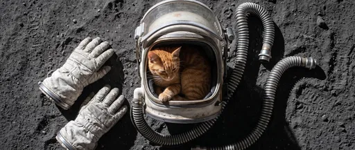 Orange Cat Inside Astronaut Helmet on Moon