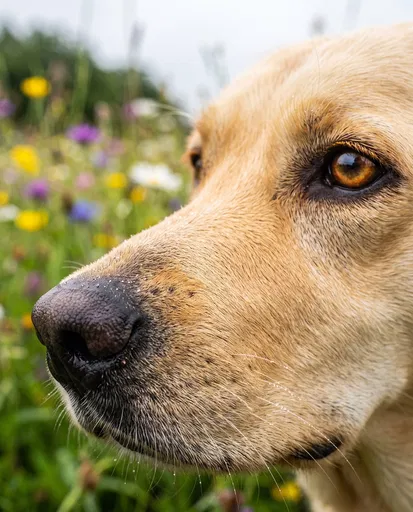 Close-Up of Yellow Labrador in Wildflower Field