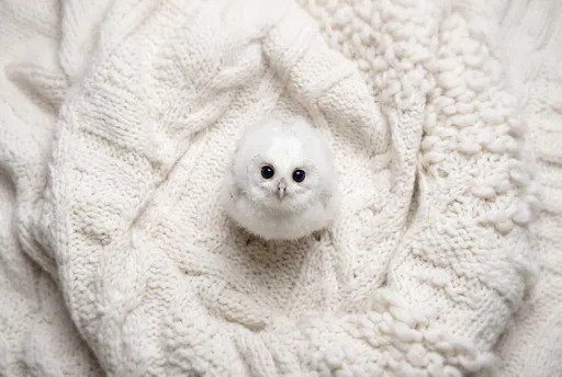 White Baby Owl on Knitted Blanket