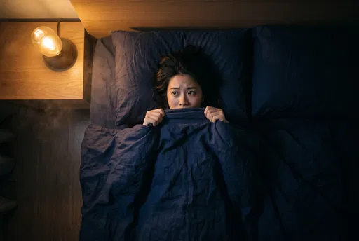 Anxious Woman Hiding Under Bed Covers