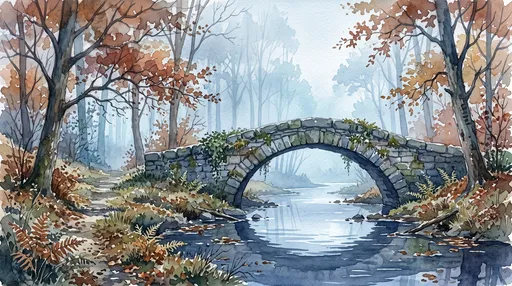 Watercolor Stone Bridge in Autumn Woodland