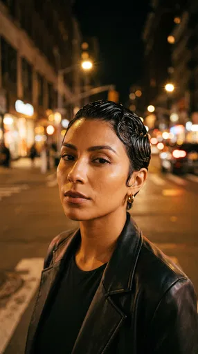 Woman With Wet-Look Pixie Cut at Night