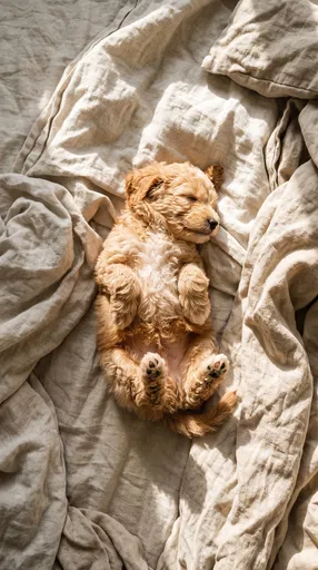Sleeping Goldendoodle Puppy on Linen Sheets
