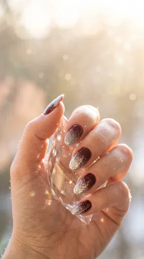 Burgundy Glitter Ombre Nails Holding Crystal