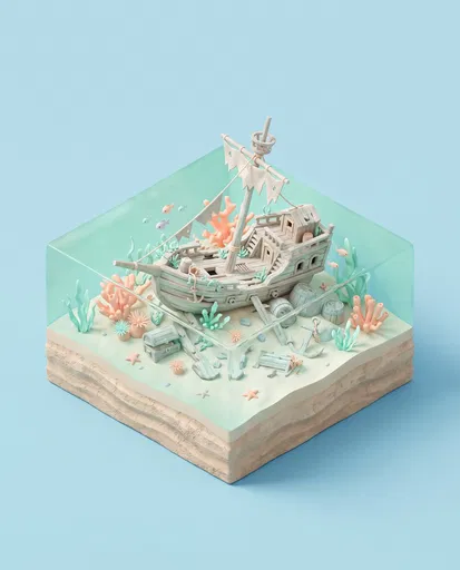 Isometric Pastel Pirate Shipwreck Diorama