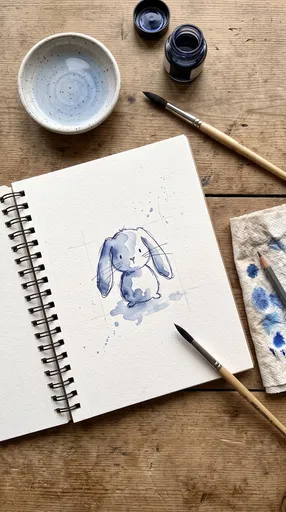 Indigo Watercolor Bunny Sketch Flat Lay