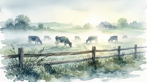 Watercolor Misty Morning Dairy Pasture