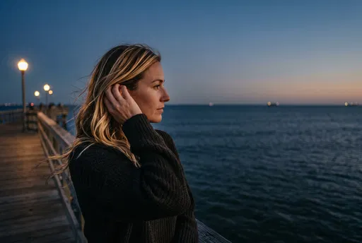Woman on Coastal Pier at Dusk