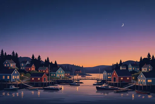 Coastal Harbor Village at Twilight Illustration