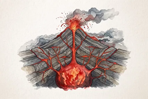 Watercolor Volcano Cross-Section Illustration