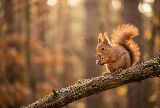 Red Squirrel Holding Pine Cone on Branch