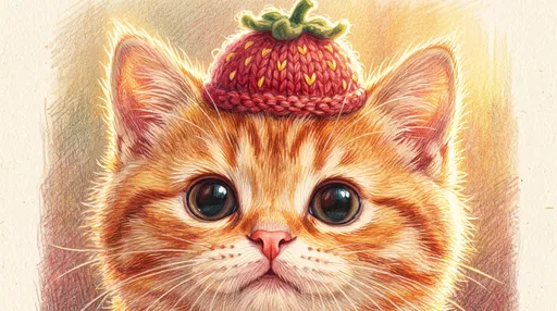 Kitten in Knitted Strawberry Hat Illustration