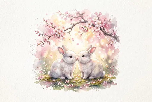 Watercolor Bunnies Under Cherry Blossoms