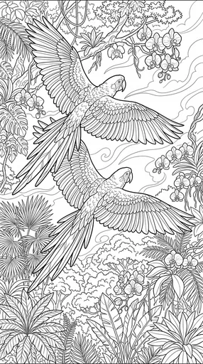 Macaws Soaring Over Rainforest Coloring Page