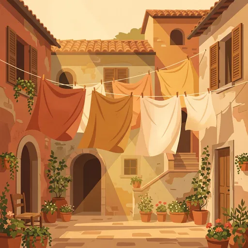 Sunlit Mediterranean Courtyard With Hanging Laundry Illustration