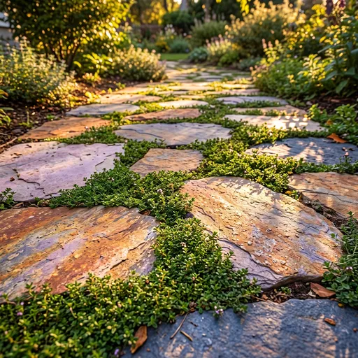 Sunlit Flagstone Garden Pathway with Thyme