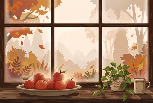 Autumn Windowsill With Red Apples Illustration