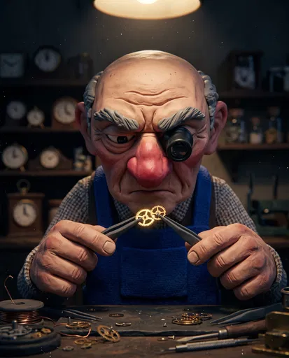 Claymation Watchmaker Inspecting Tiny Gold Gears