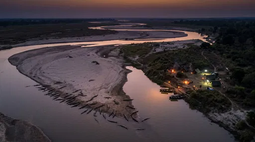 Aerial Dusk View of River Gharials and Camp