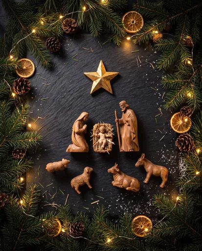 Rustic Wooden Christmas Nativity Flat Lay