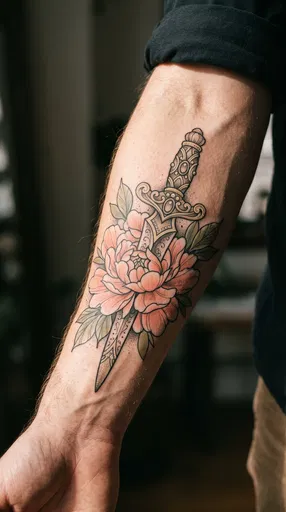 Neo-Traditional Dagger and Peony Forearm Tattoo