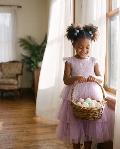 Young Girl Holding Easter Basket Near Window