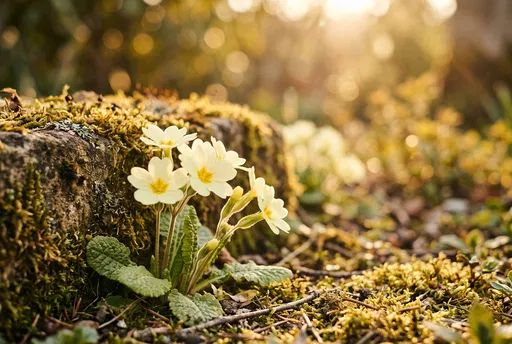 Pale Yellow Primroses Beside Mossy Stone