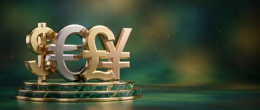 Metallic Currency Symbols on Emerald Podium