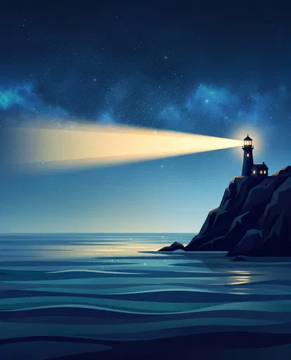 Lighthouse Shining Beam Across Starry Night Ocean
