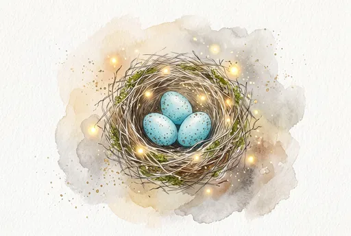 Watercolor Robin Eggs in Glowing Nest