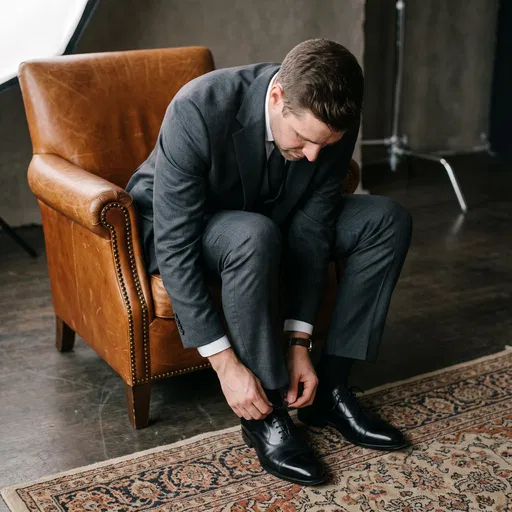 Man in Suit Tying Dress Shoes