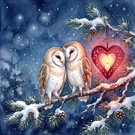 Watercolor Barn Owls With Glowing Heart Lantern