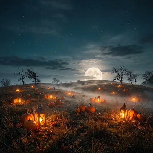 Pumpkins and Glowing Lanterns on Moonlit Hill