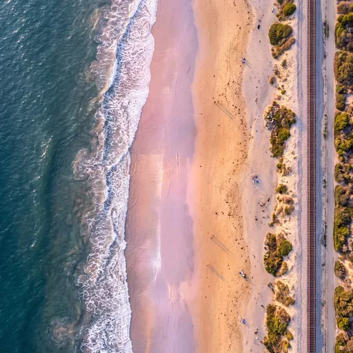Aerial View of Coastal Railway and Beach
