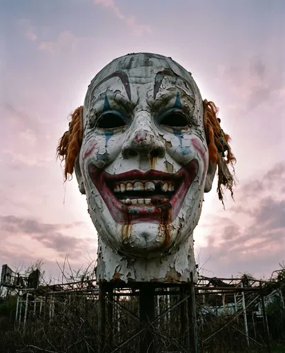 Dilapidated Giant Carnival Clown Head at Twilight
