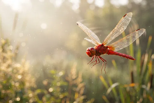 Red Dragonfly Hovering in Morning Light