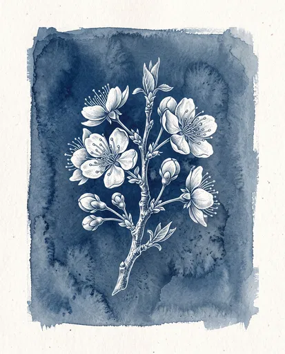 Cyanotype Style Cherry Blossom Botanical Illustration