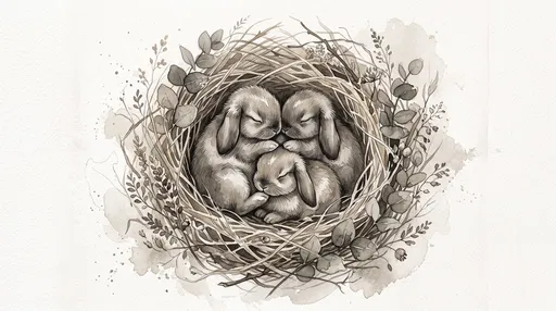 Sepia Watercolor Sleeping Bunnies in Nest