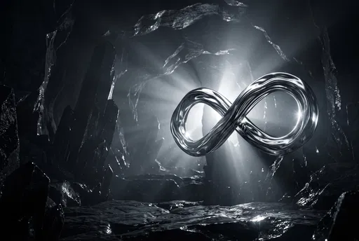 Liquid Chrome Infinity Symbol in Dark Cave